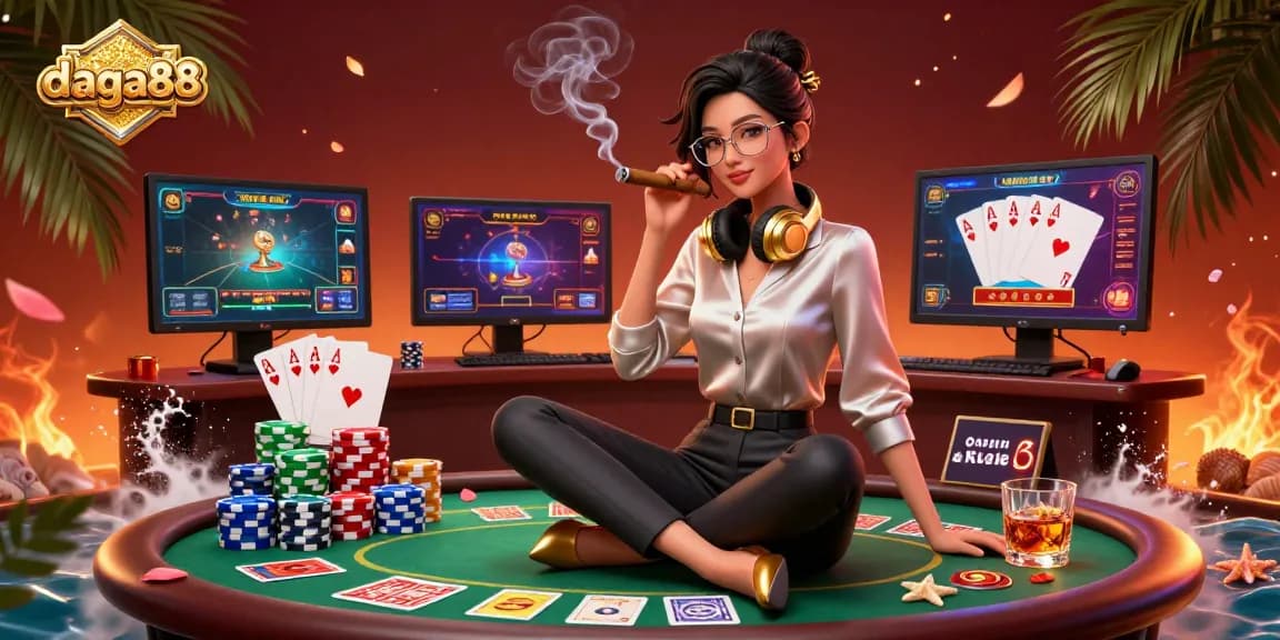 Daga88 offers an immersive gambling experience with vibrant poker elements and an elegant player at a high-tech setup.