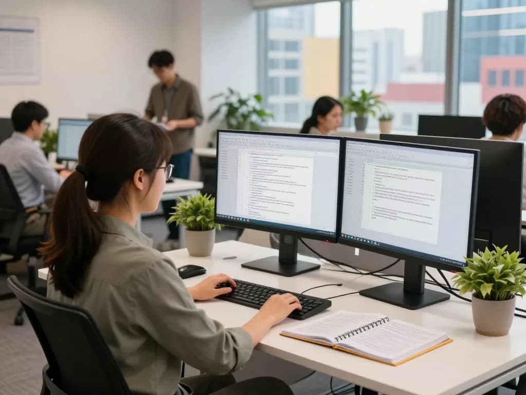翻译员在明亮的办公室环境中高效使用有道翻译，团队合作和现代工具令人振奋。