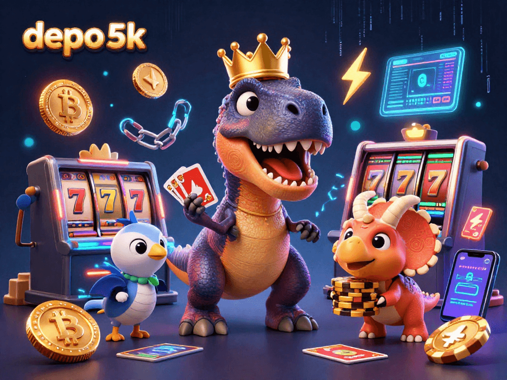 Engage in exciting gameplay with depo 5k, featuring a playful T-Rex and vibrant casino elements.