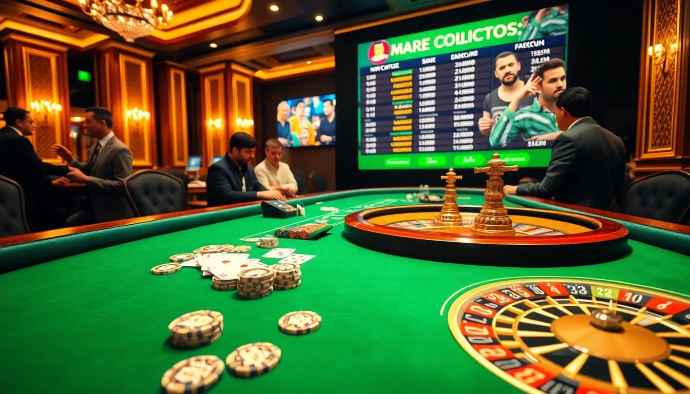 Exciting casino experience at MMOO with poker chips, cards, and roulette wheel.