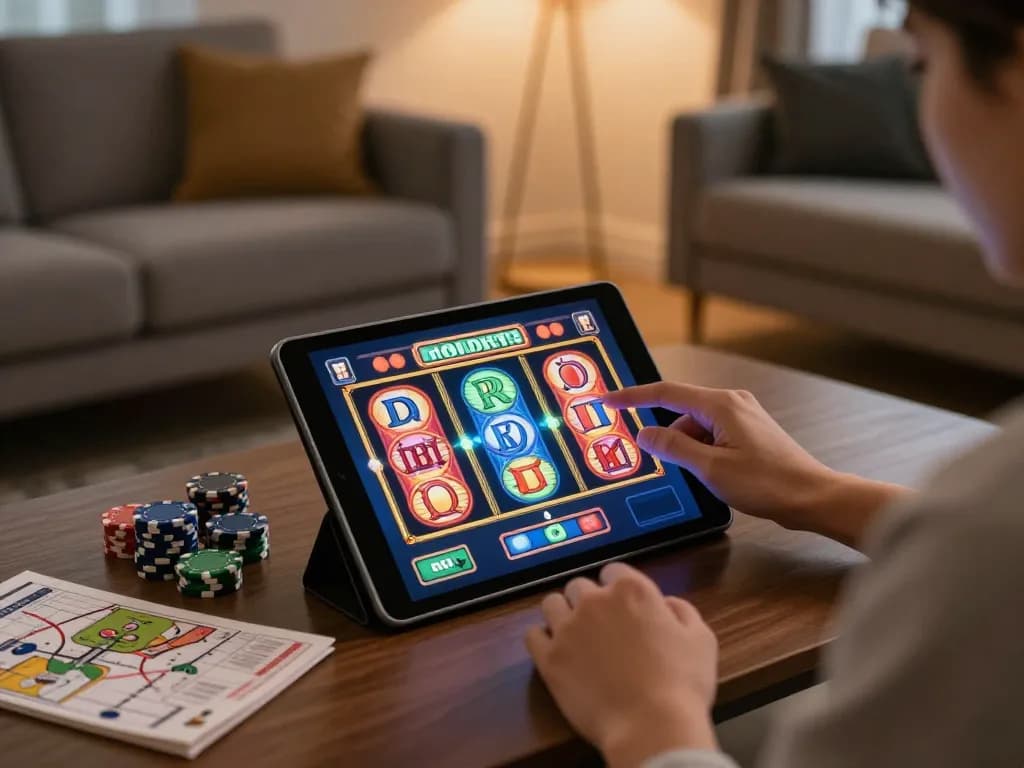 RR88 KJC player enjoying online gaming on tablet in stylish living room with strategy guide.
