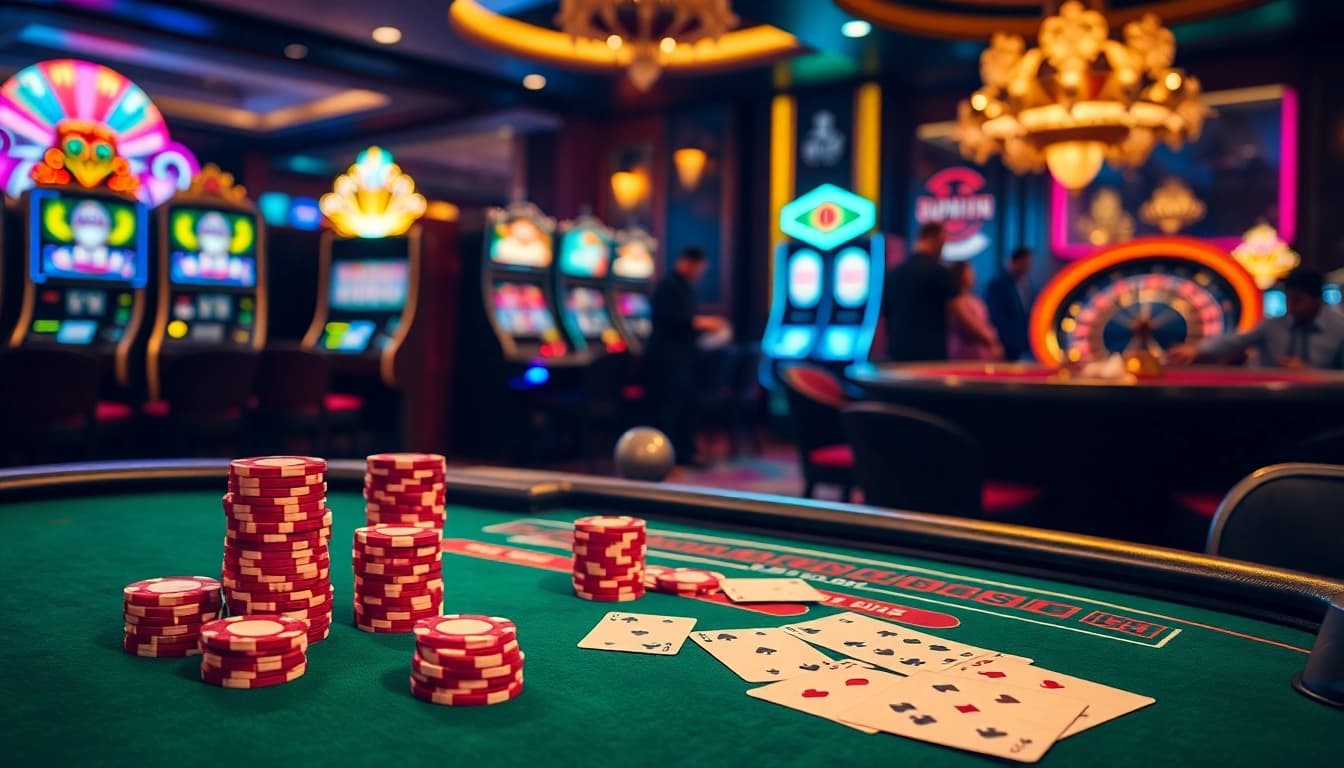 Gamblers celebrating a sunwin at a luxurious blackjack table, surrounded by vibrant poker chips and slot machines.