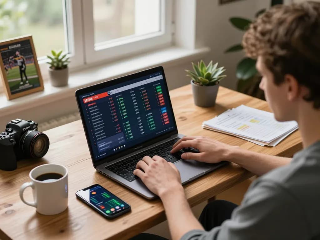 User engaging in LLwin sports betting on laptop with dynamic odds displayed in a cozy home office.