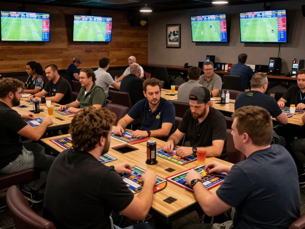 KÈO TRỰC TUYẾN sports betting excitement with fans placing bets in a vibrant lounge