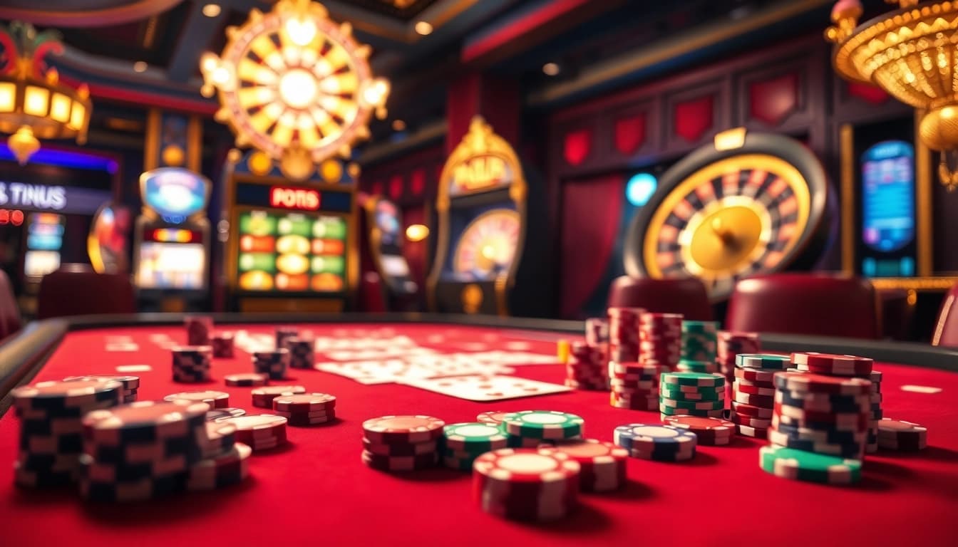 Experience the excitement of dinamit4d at a vibrant casino gaming table filled with colorful chips and cards.
