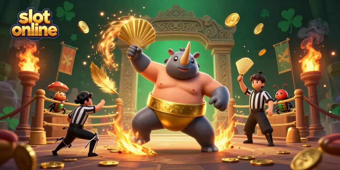 Raih kemenangan besar dengan slot online di arena kejuaraan seru, dikelilingi koin emas.