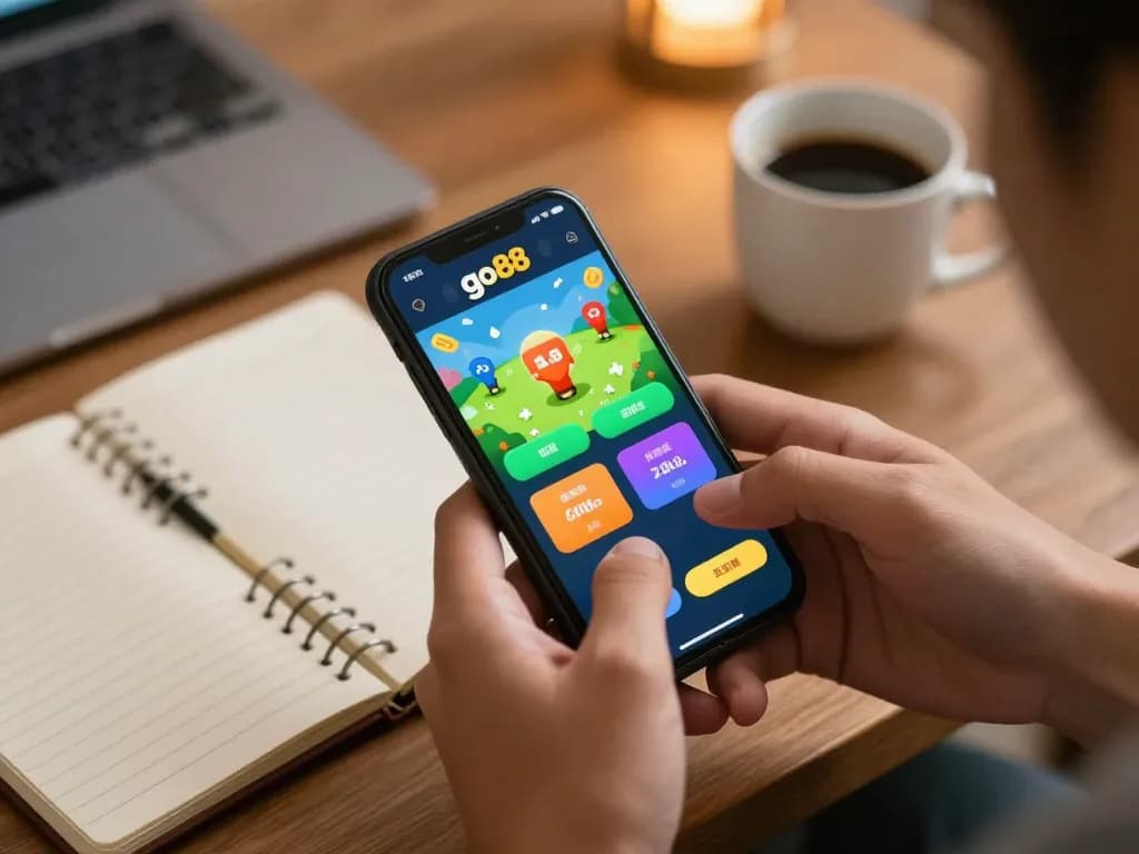 Engaged player enjoying the game go88 on smartphone in a cozy home setting with ambient lighting