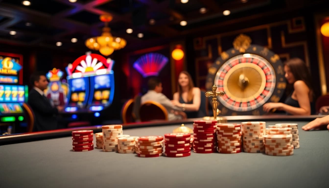 Experience the thrills of j88vip1 with vibrant casino lights and excited players betting at the table.