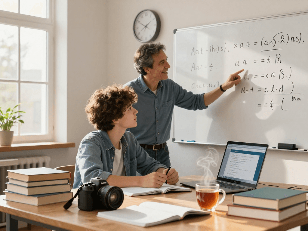 Maths tutors guiding students in a cozy study room, surrounded by books and supportive tools.
