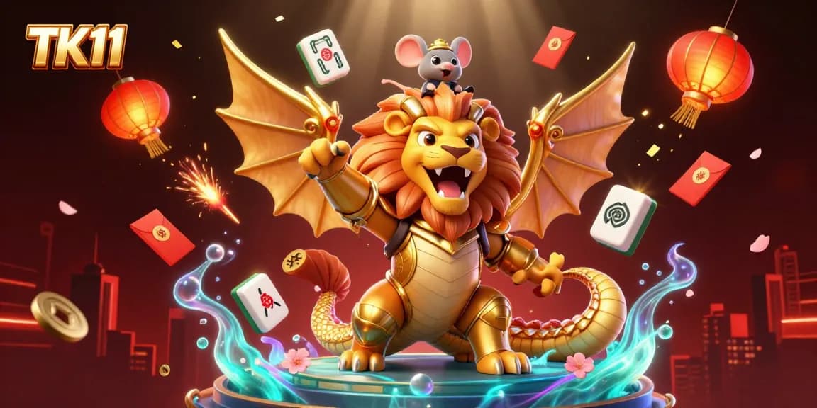 Engage with top TK11 online games in an ultra-detailed casino-themed illustration featuring a majestic chimera.
