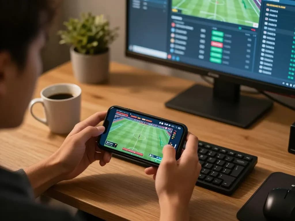 Player using smartphone for sports betting action within the llwin platform in a cozy home office.