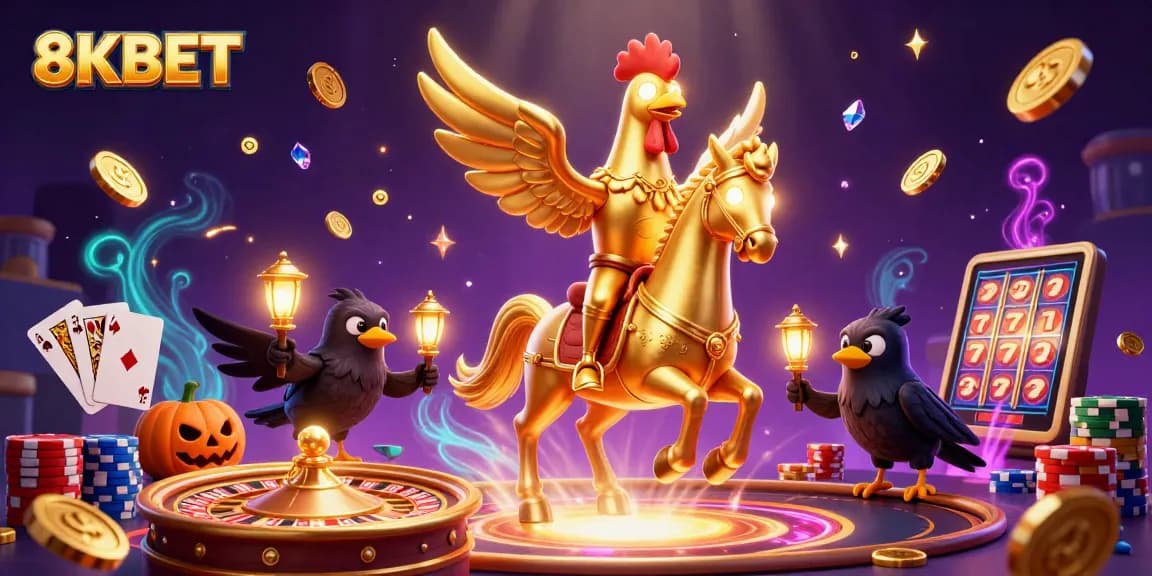 Experience thrilling gameplay with 8KBET as the golden rooster and friends light up the casino night.