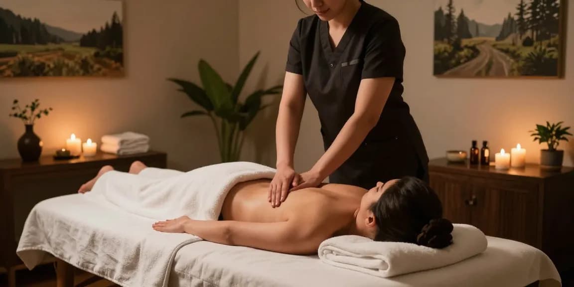 Massage therapist performing a relaxing 마사지 in a serene spa room with calming elements.