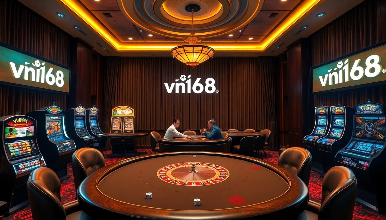Experience the thrill of gambling at vn168 with vibrant slot machines and an elegant poker setup.