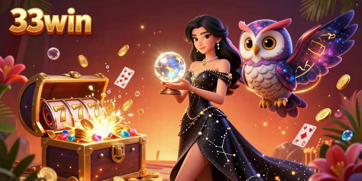 Experience thrilling 33win casino adventures with stunning visuals of a glowing crystal ball and treasures.