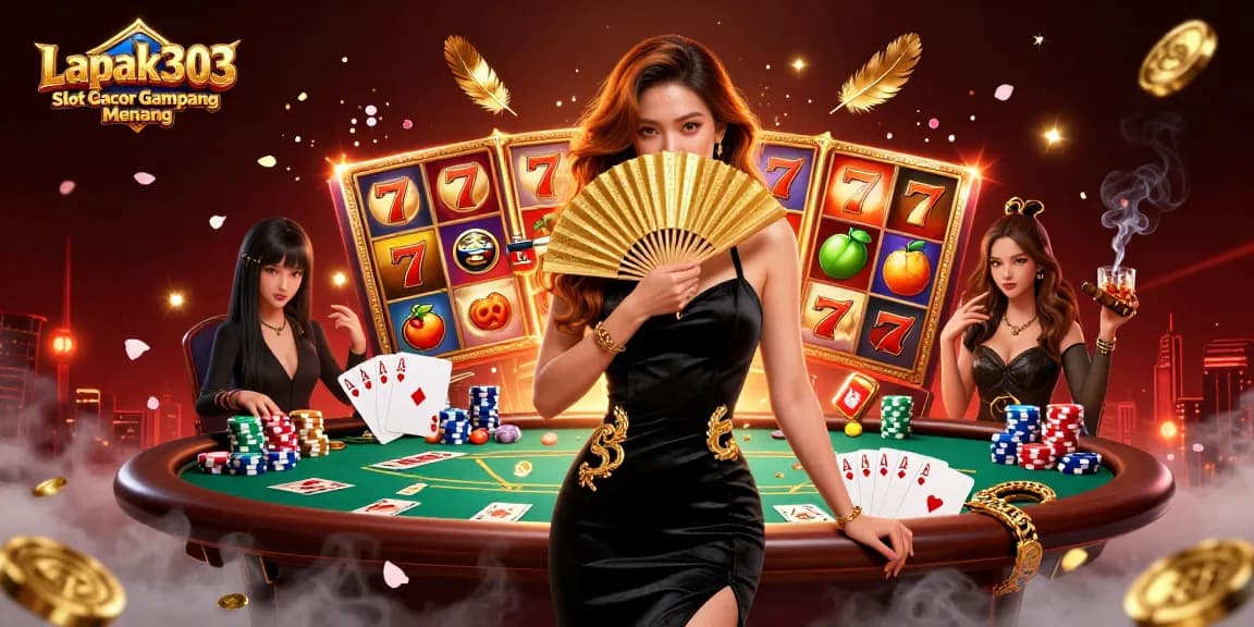 Spin and win with Lapak303 Slot Gacor Gampang Menang, featuring vibrant 3D casino elements.