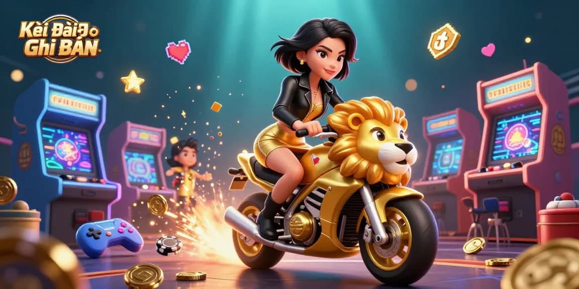 Kèo Hai Đội Đều Ghi Bàn illustration showcasing vibrant casino action with a glamorous Asian woman and a golden lion mascot.