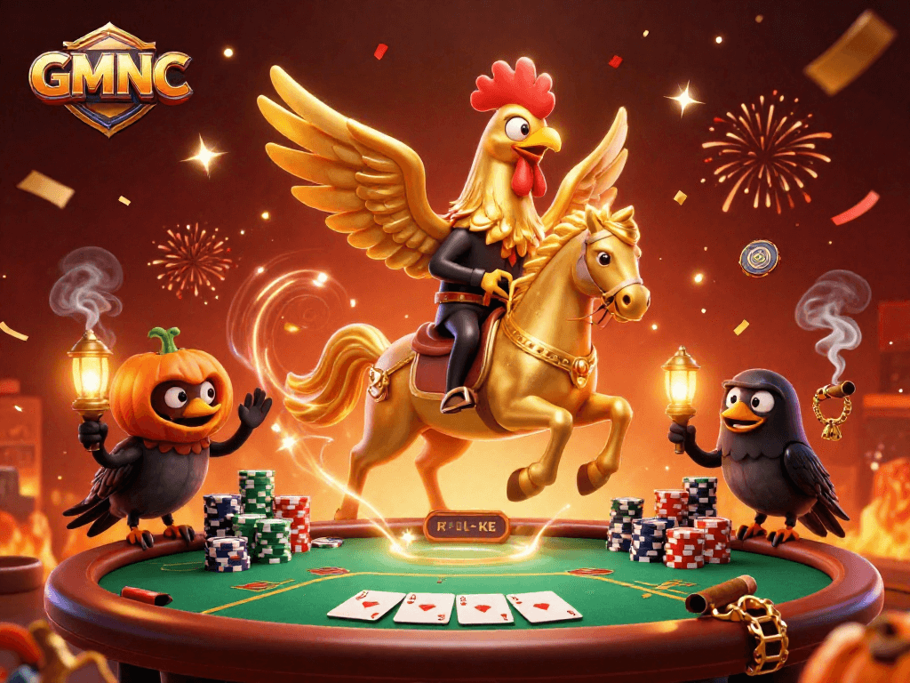 Experience the thrill of GMNC with a vibrant illustrative casino scene featuring poker action.