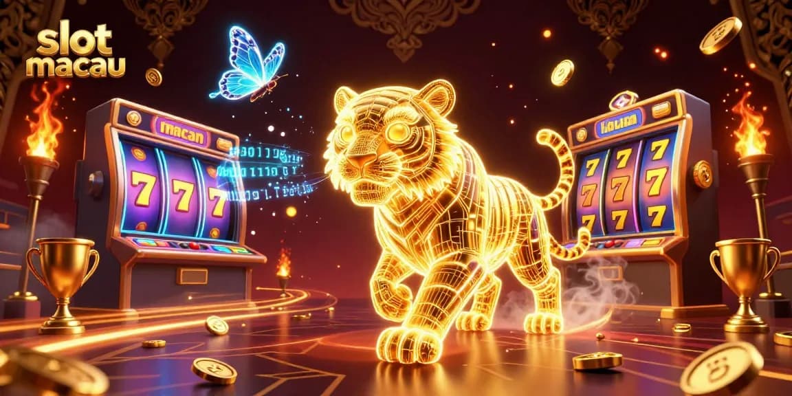 Engaging scene featuring a neon-wireframe golden tiger in a digital casino representing slot macau with dynamic slot game elements.