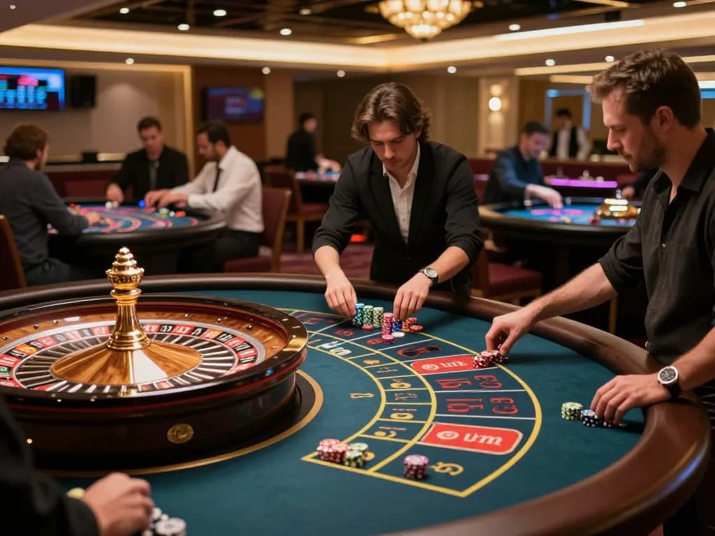 LUCK8 players strategizing bets at dynamic roulette tables in a vibrant casino setting