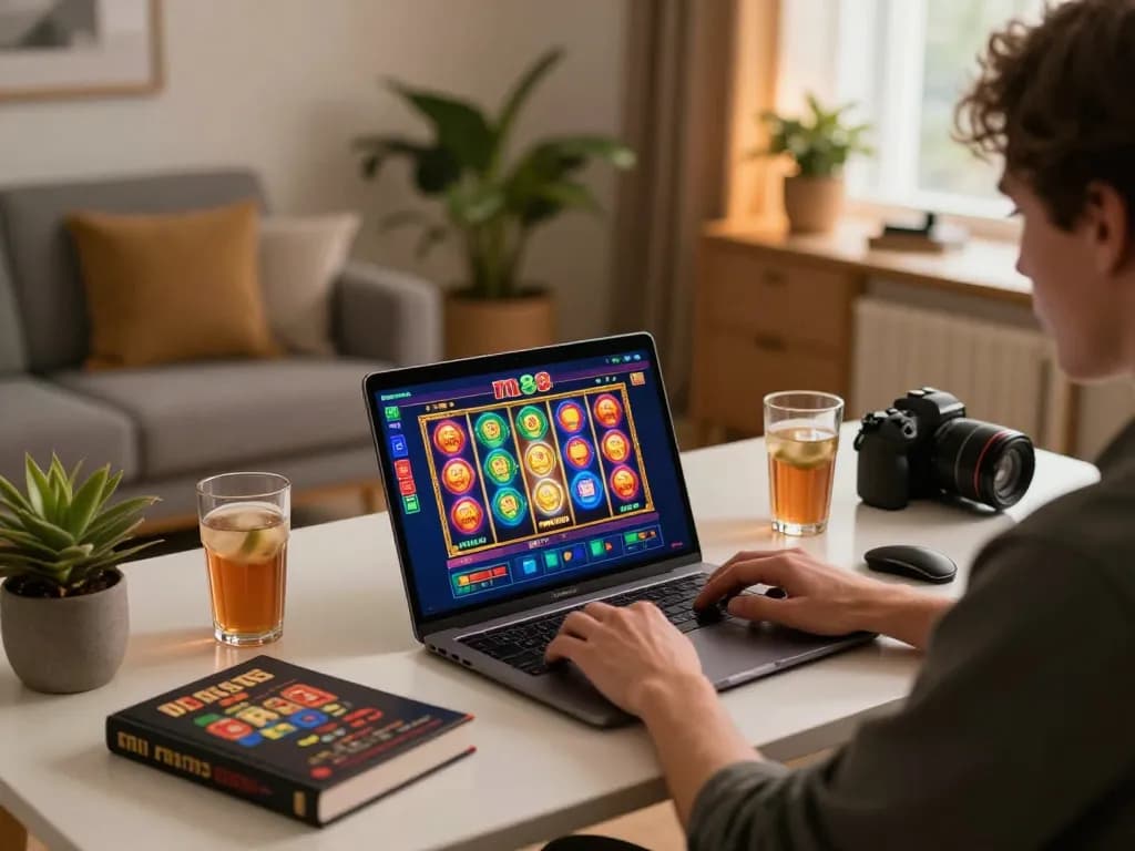Playing m88 slot on a laptop in a cozy home office, showcasing strategic gaming setup.