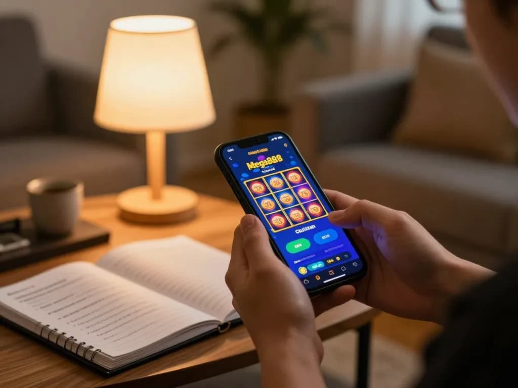 Mega888 player engaging with online slots on smartphone in cozy home setting.