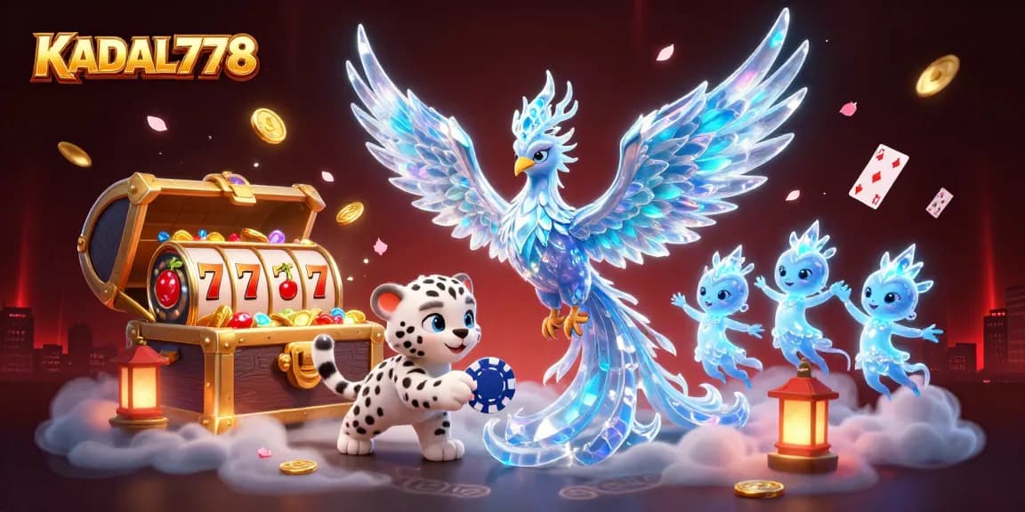 KADAL778 showcases a vibrant casino scene with an ice phoenix, lucky slot reels, and prismatic light.