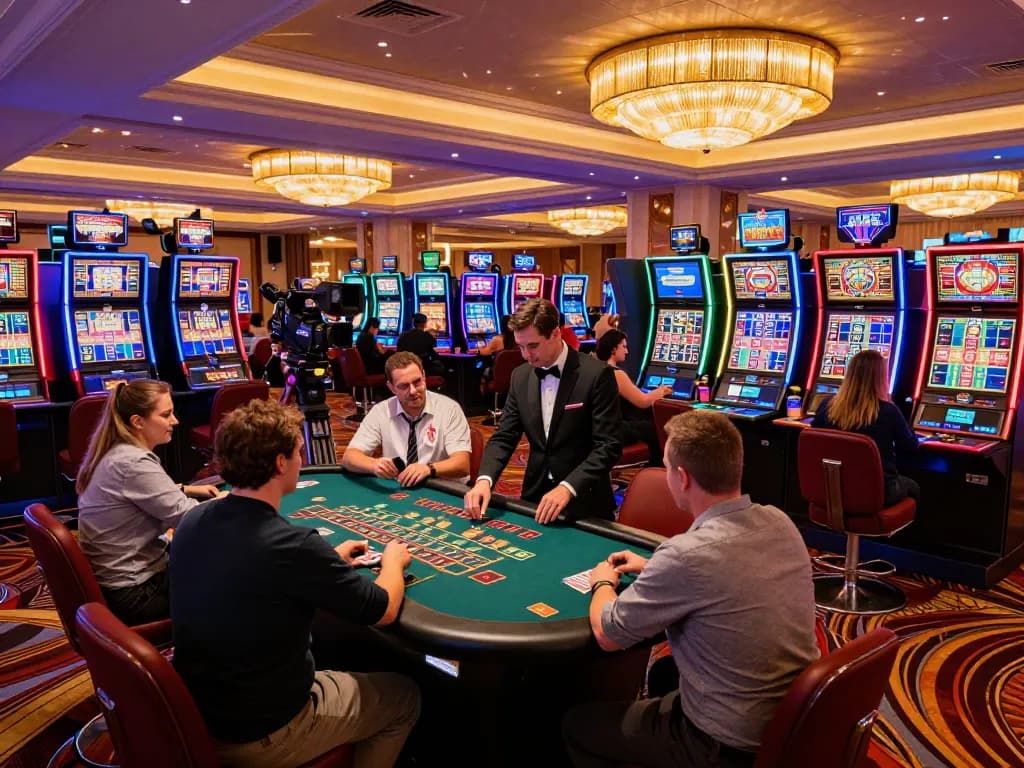 Players enjoying various games at ALO8 casino, neon lights enhancing the thrilling atmosphere.