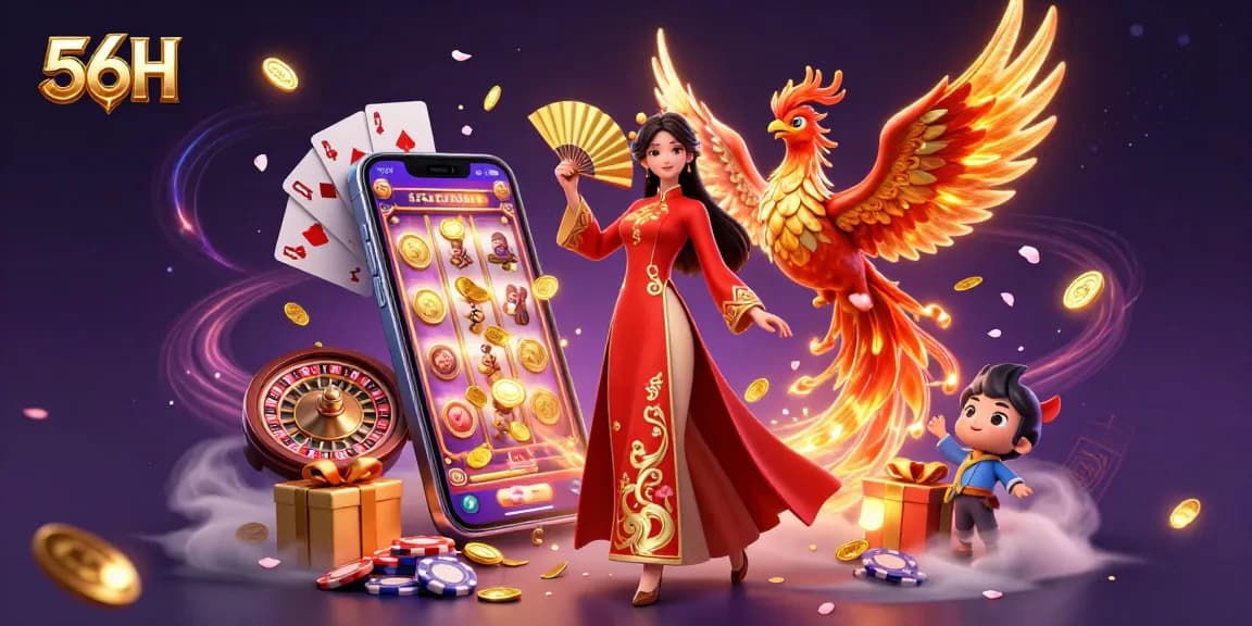Experience excitement with 56H in a vibrant 3D casino scene featuring lively games and characters.