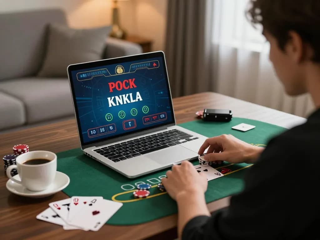 lc88 player strategizing while enjoying blackjack at home, showcasing a focused gaming moment.