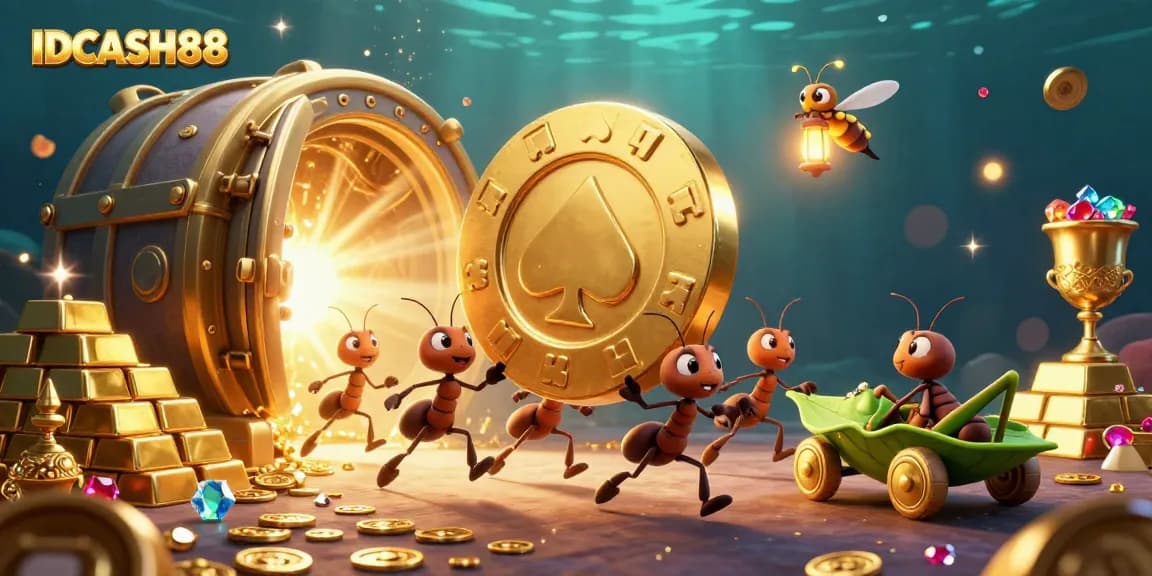 Engage with IDCASH88's dynamic gameplay as a team of ants leads a heist for treasures and poker chips.