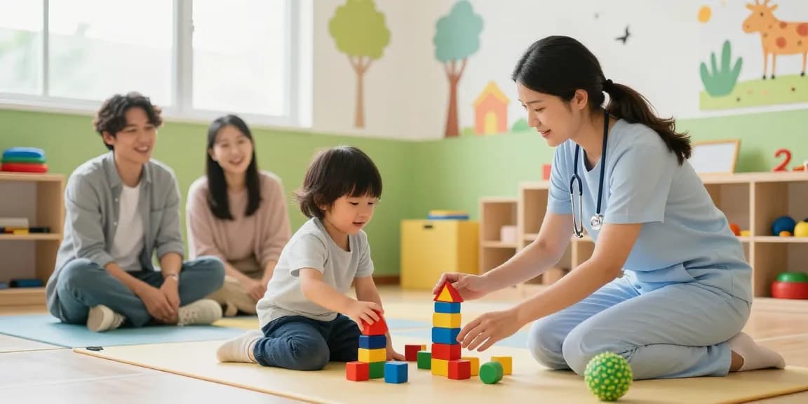 Therapist demonstrating occupational therapy helping children develop motor skills in a vibrant therapy room