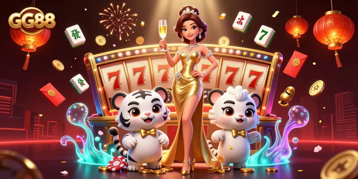 Engage in exciting casino action at GG88 with a glamorous atmosphere featuring a woman and lucky tiger.