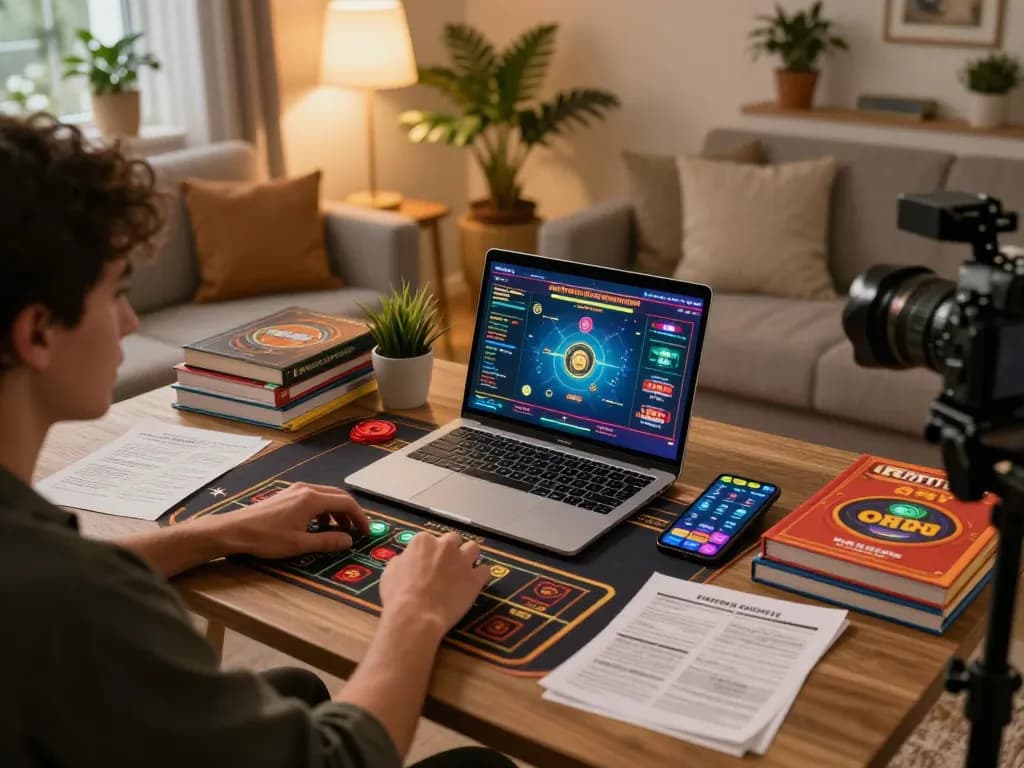 w188 player engaging in online casino gaming on a laptop, showcasing gameplay and strategy notes in a cozy setting