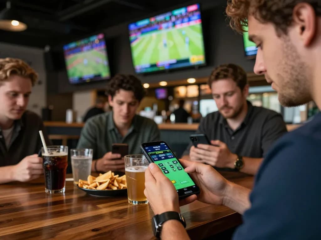 Engaged bettor placing a wager on superjp mobile app amidst vibrant sports bar environment