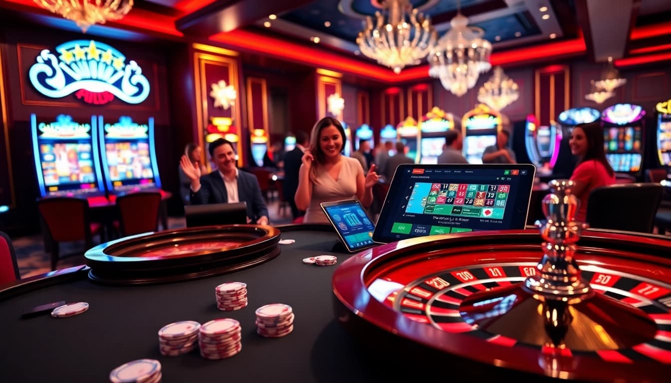 Betsson casino scene with blackjack table, roulette wheel, and vibrant slot machines.