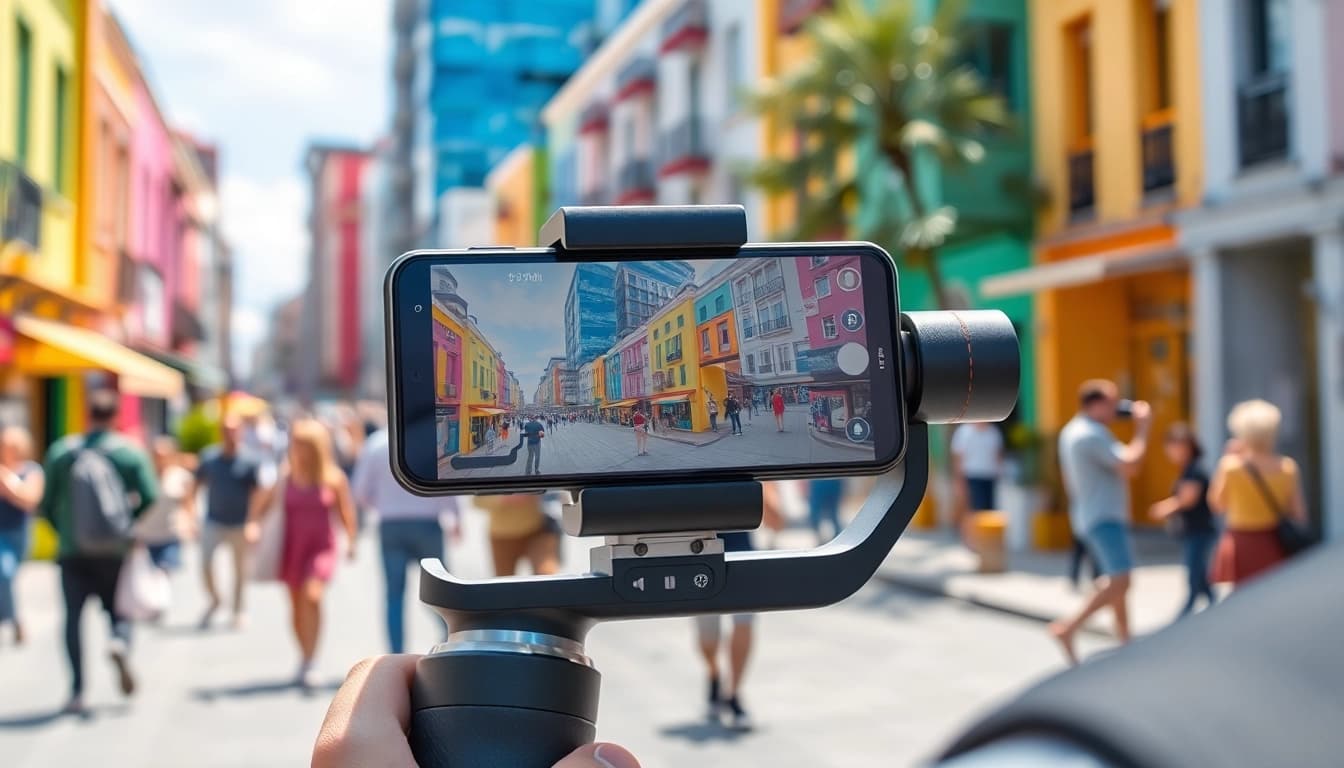 Dynamic outdoor scene featuring a phone gimbal stabilizing video footage for a professional filming setup.
