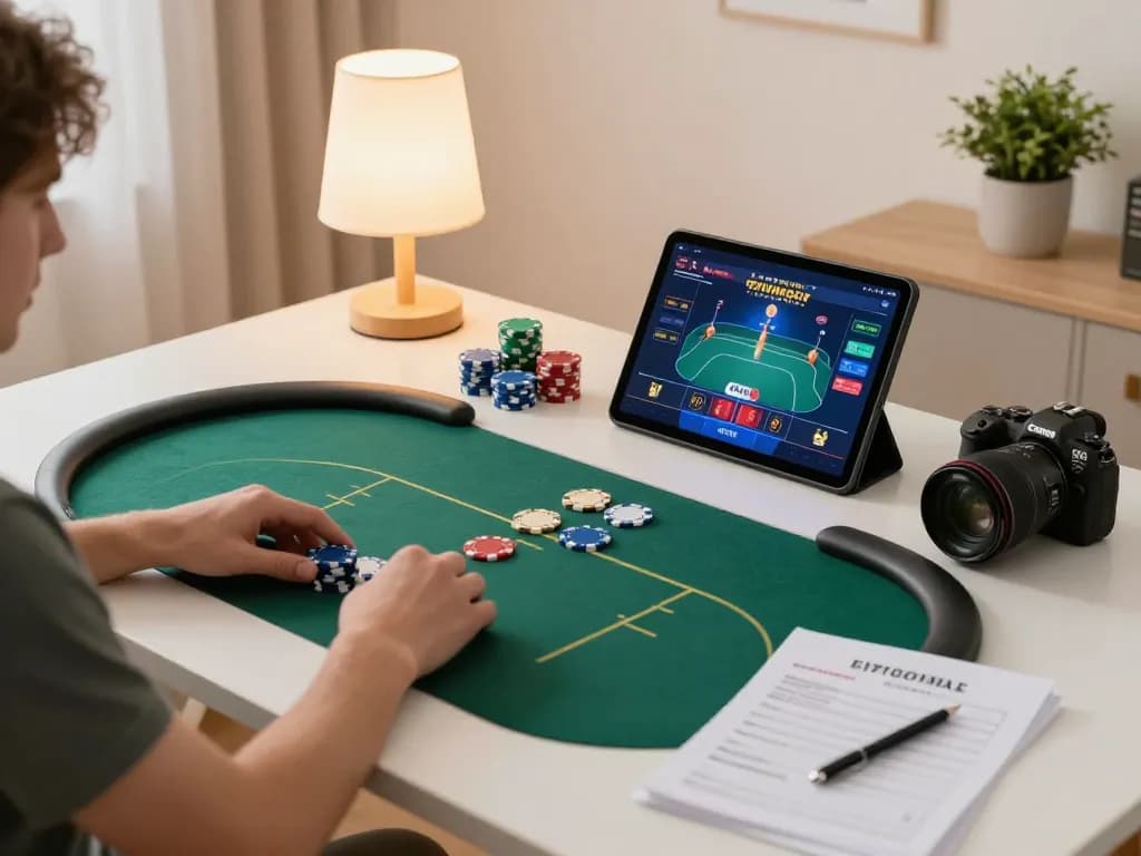 Engaging in poker gameplay on tablet illustrating Sunwin's online casino experience with strategy notes beside