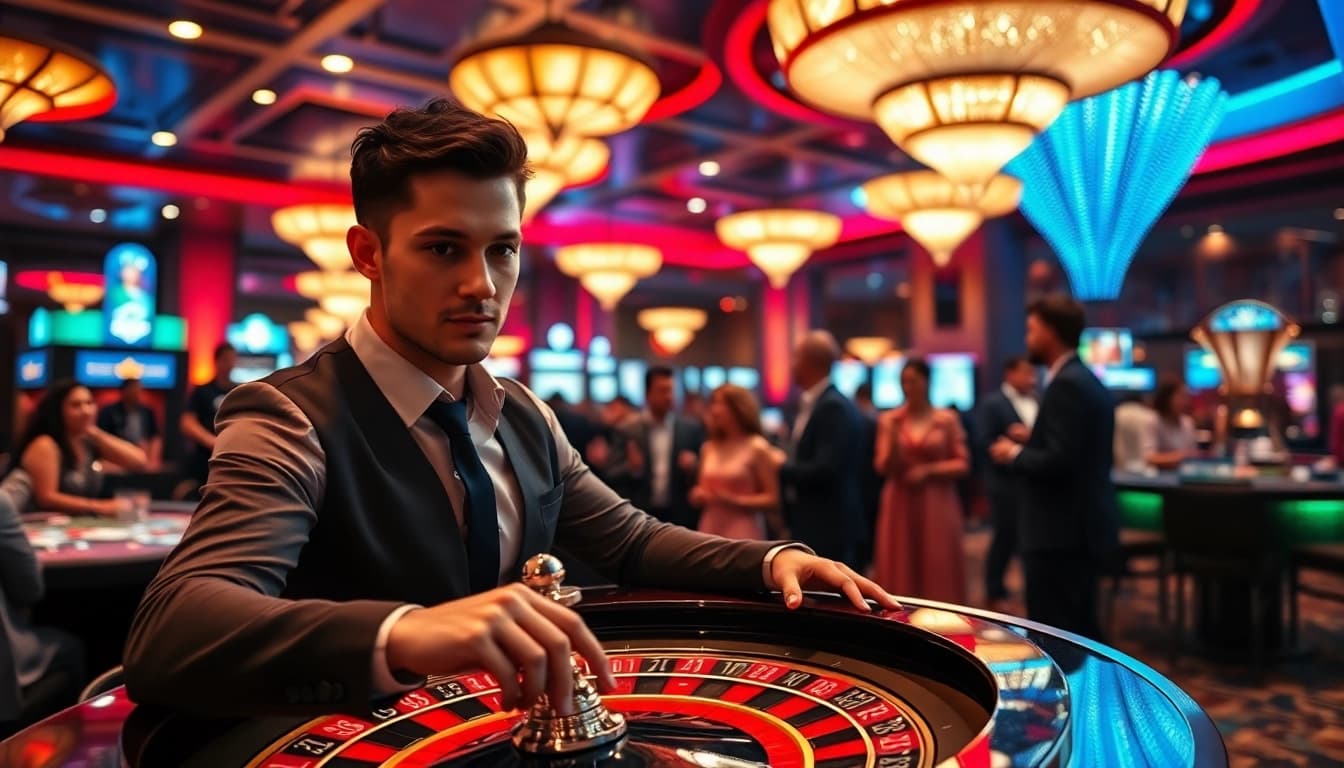 Players enjoying the excitement at https://uu88.how/ with a skilled dealer at a roulette table.