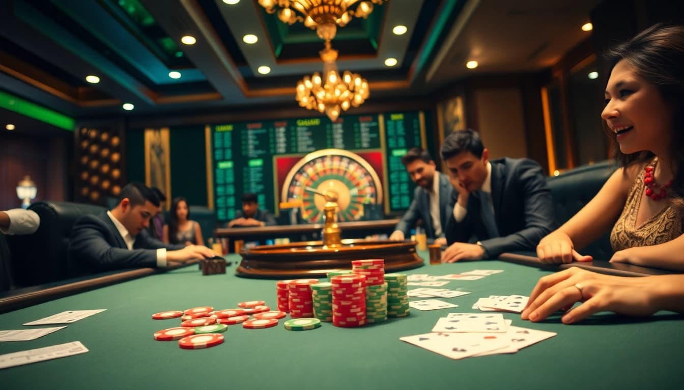 sBobet offers an exciting poker game experience with colorful chips and betting slips in a luxurious casino setting.