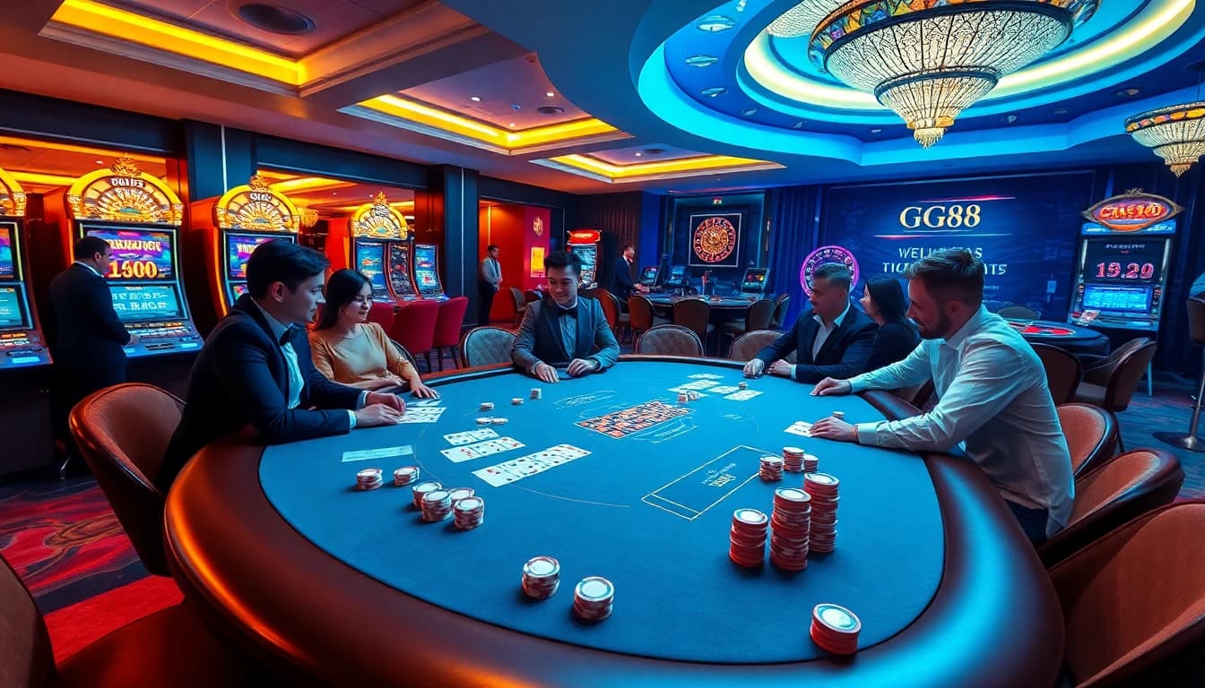Experience dynamic poker action at GG88, with elegant players and vibrant slot machines highlighting the thrill of gambling.