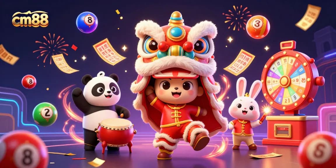 Join the fun at cm88 as a lion dances while colorful lottery balls bounce around in a vibrant celebration.