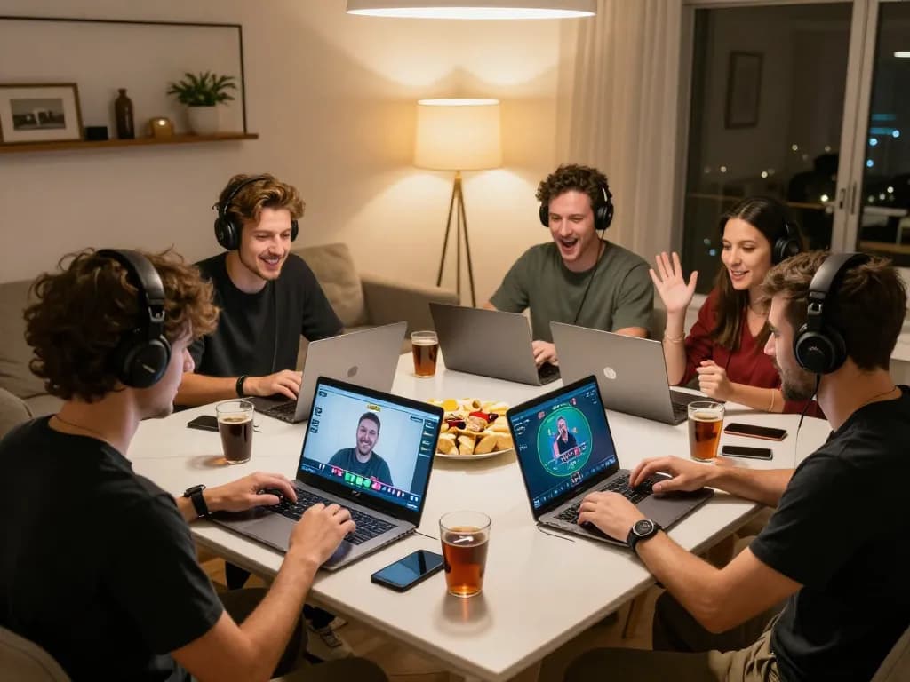 Players engaging in exciting online gambling at home with 79KING platform on screens