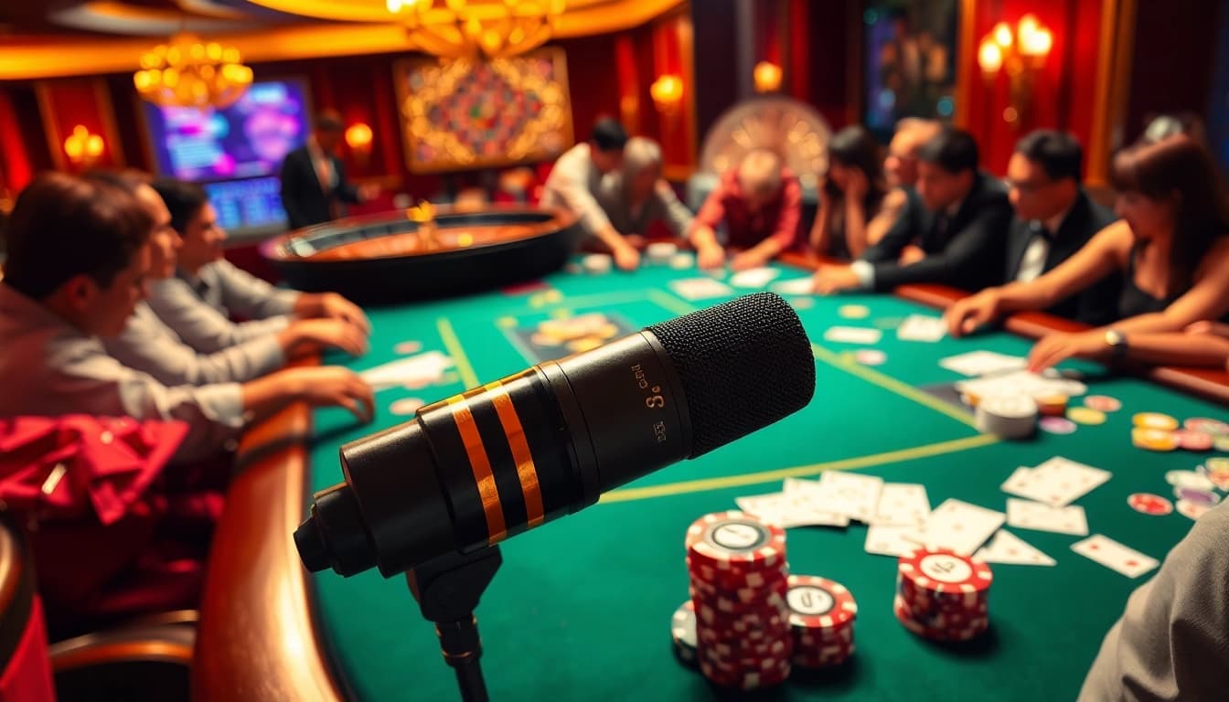 Players strategizing at a poker table with the MV88 microphone capturing the excitement of the game.