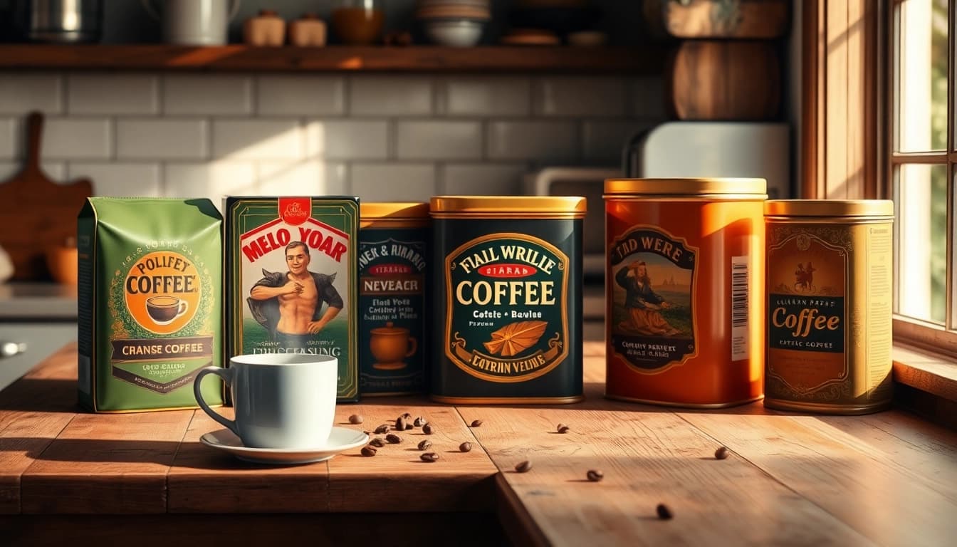 Stylish coffee tins on a rustic kitchen countertop, showcasing vibrant designs.