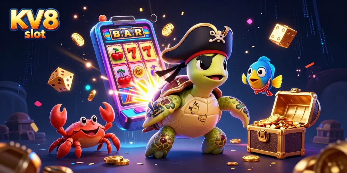 Engage with thrilling gameplay at KV8 slot featuring pirate turtle, dice, and explosive jackpots.