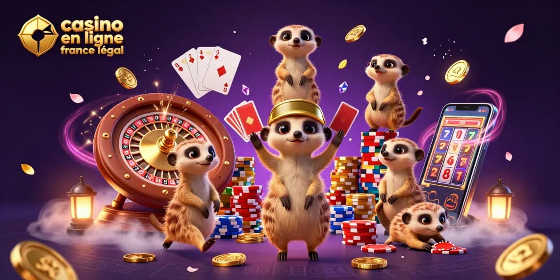 Plonge dans l'univers du casino en ligne France légal avec des suricates gérant un établissement animé, arborant des jeux et paris captivants.