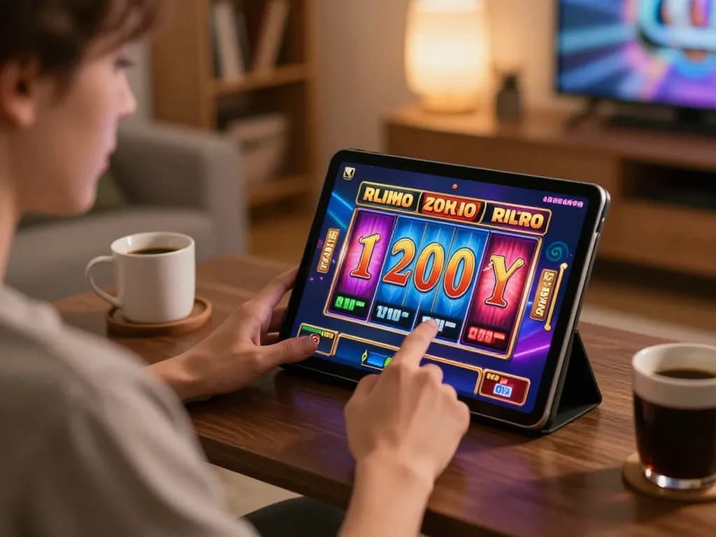 Player engaging in a slot bet 200 game on a tablet, showcasing excitement and strategy.