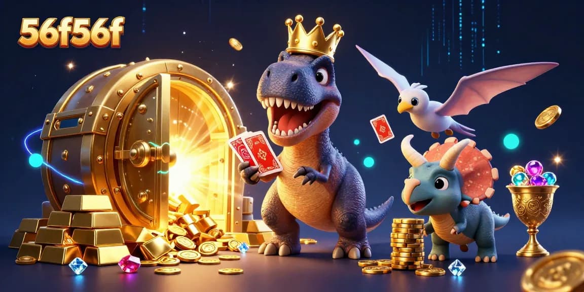 Jogue e ganhe com 56f56f enquanto um dinossauro divertido embaralha cartas e empilha fichas douradas.