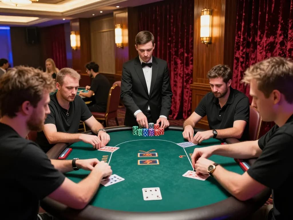 Players engaging in a strategic poker game at 98wincom casino table, showcasing vibrant atmosphere and excitement.